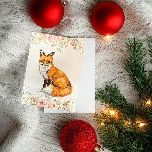 Fox Holiday Greeting Card - Watercolor Christmas Card with Envelope Description: - Yuiart