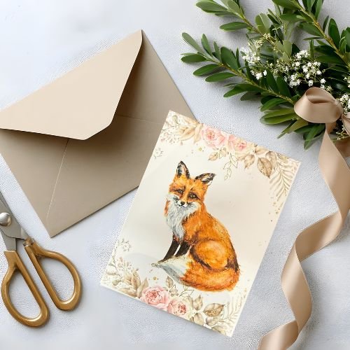 Fox Holiday Greeting Card - Watercolor Christmas Card with Envelope Description: - Yuiart