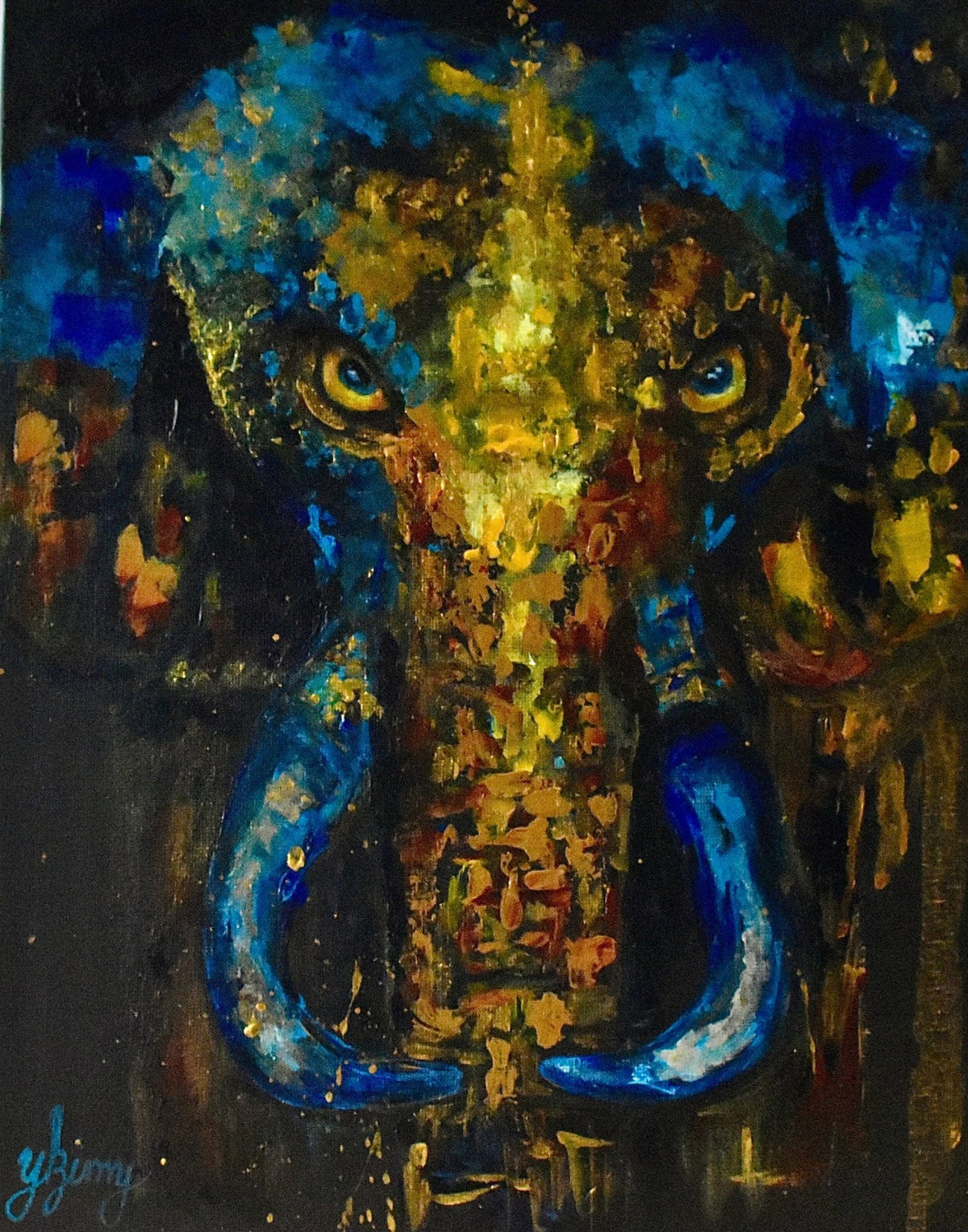 Golden - Blue Elephant By night ( Eagle) on Blue on Black - Yuiart