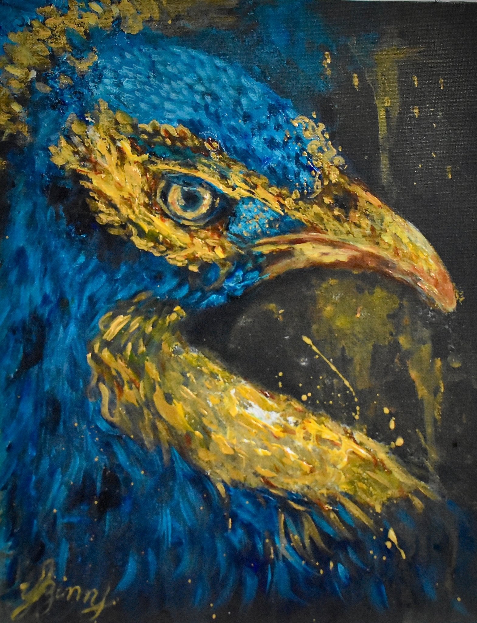 Golden - Blue Peacock By night ( Eagle) on Blue on Black - Yuiart