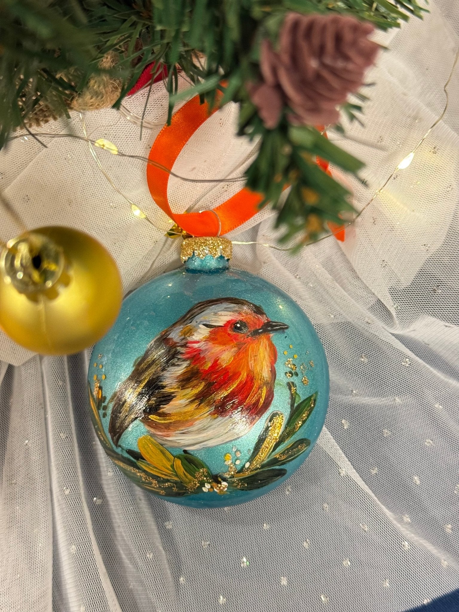Hand - Painted Robin Glass Ornament - 3.5" Holiday Decoration - Yuiart