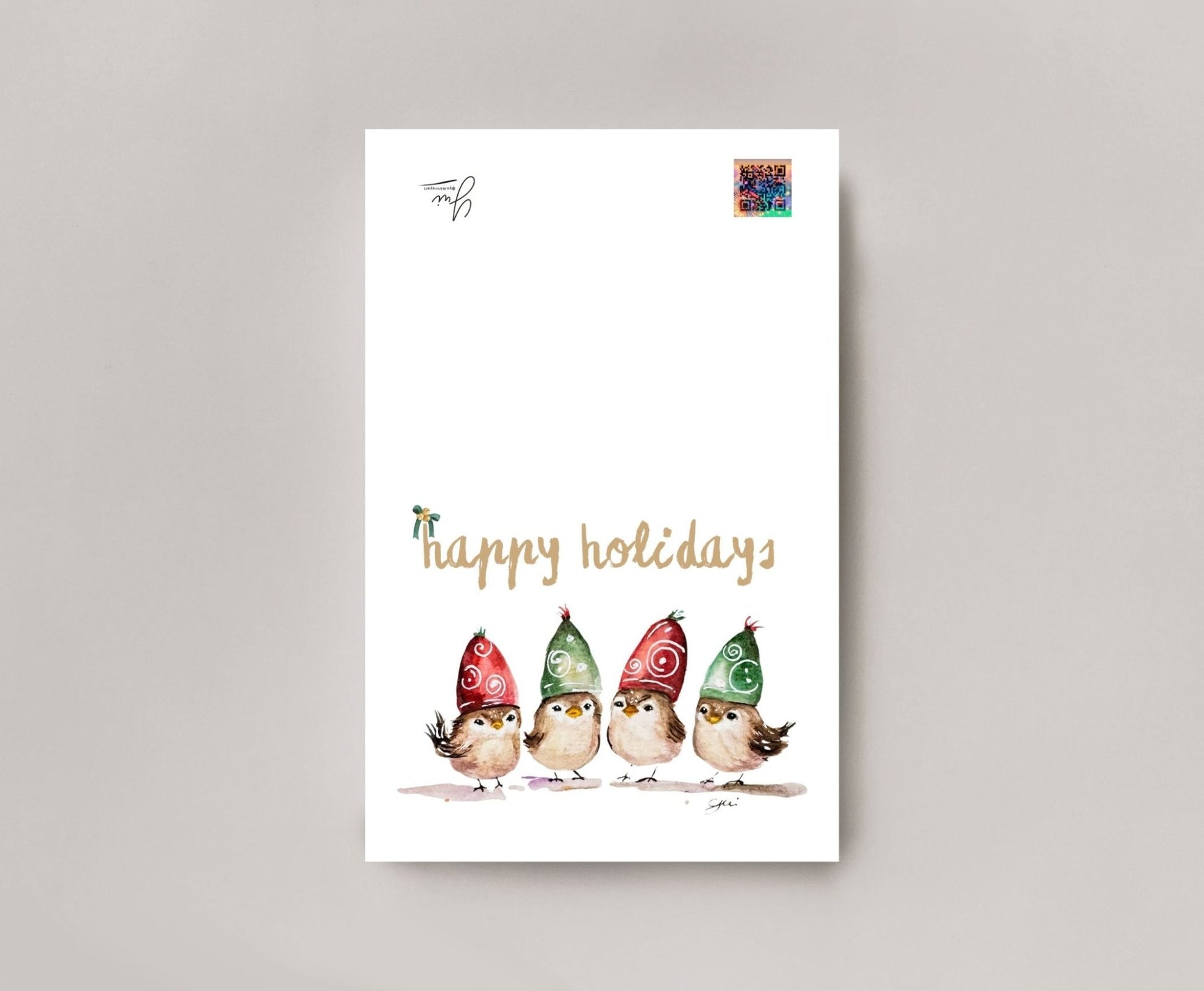 Merry Christmas Birds Holiday Card - Watercolor Greeting Card with Envelope - Yuiart