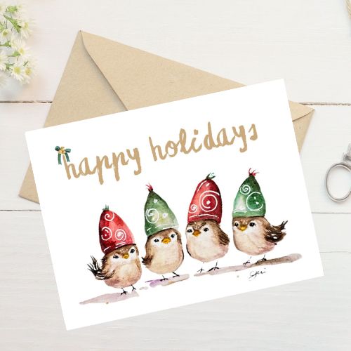 Merry Christmas Birds Holiday Card - Watercolor Greeting Card with Envelope - Yuiart