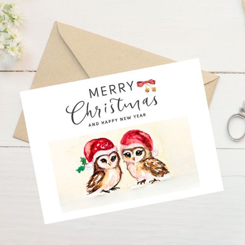 Merry Christmas Owls Holiday Card - Watercolor Greeting Card with Envelope - Yuiart