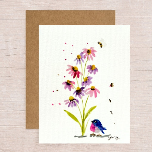 Wildflowers & Blue Birds in Shower Watering Plants Note Card