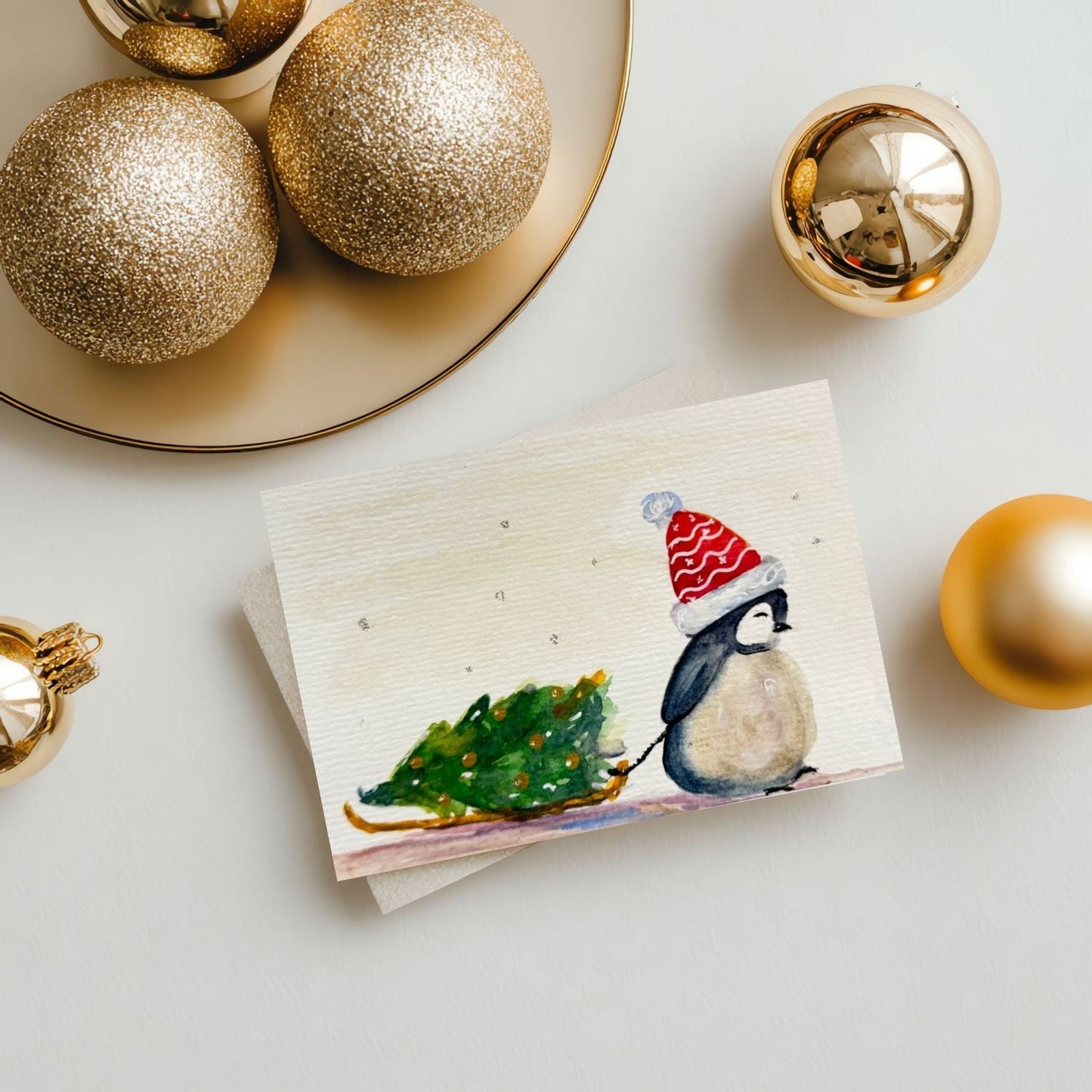 Penguin Christmas Card - Watercolor Holiday Greeting Card with Envelope - Yuiart