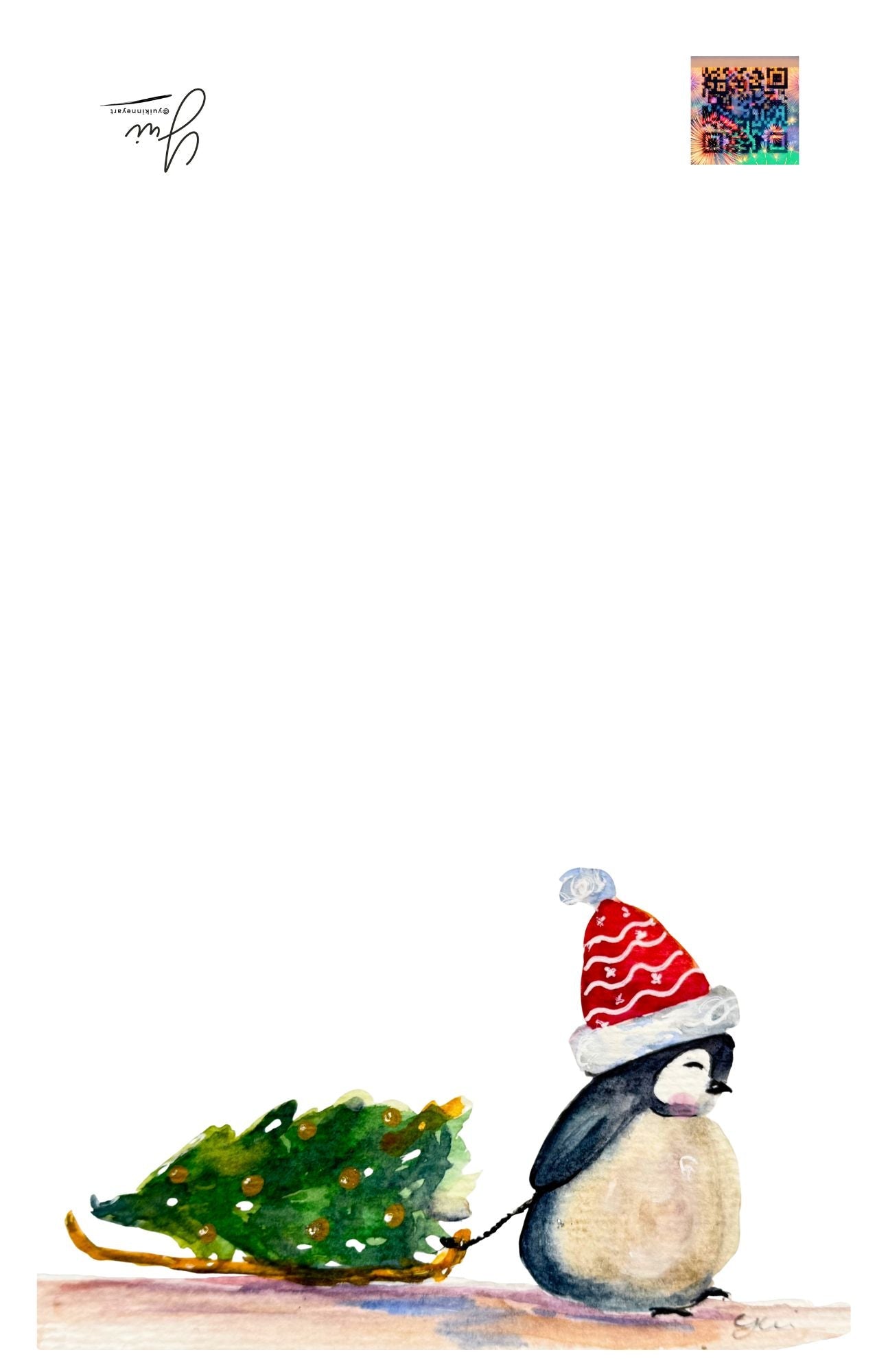 Penguin Christmas Card - Watercolor Holiday Greeting Card with Envelope - Yuiart