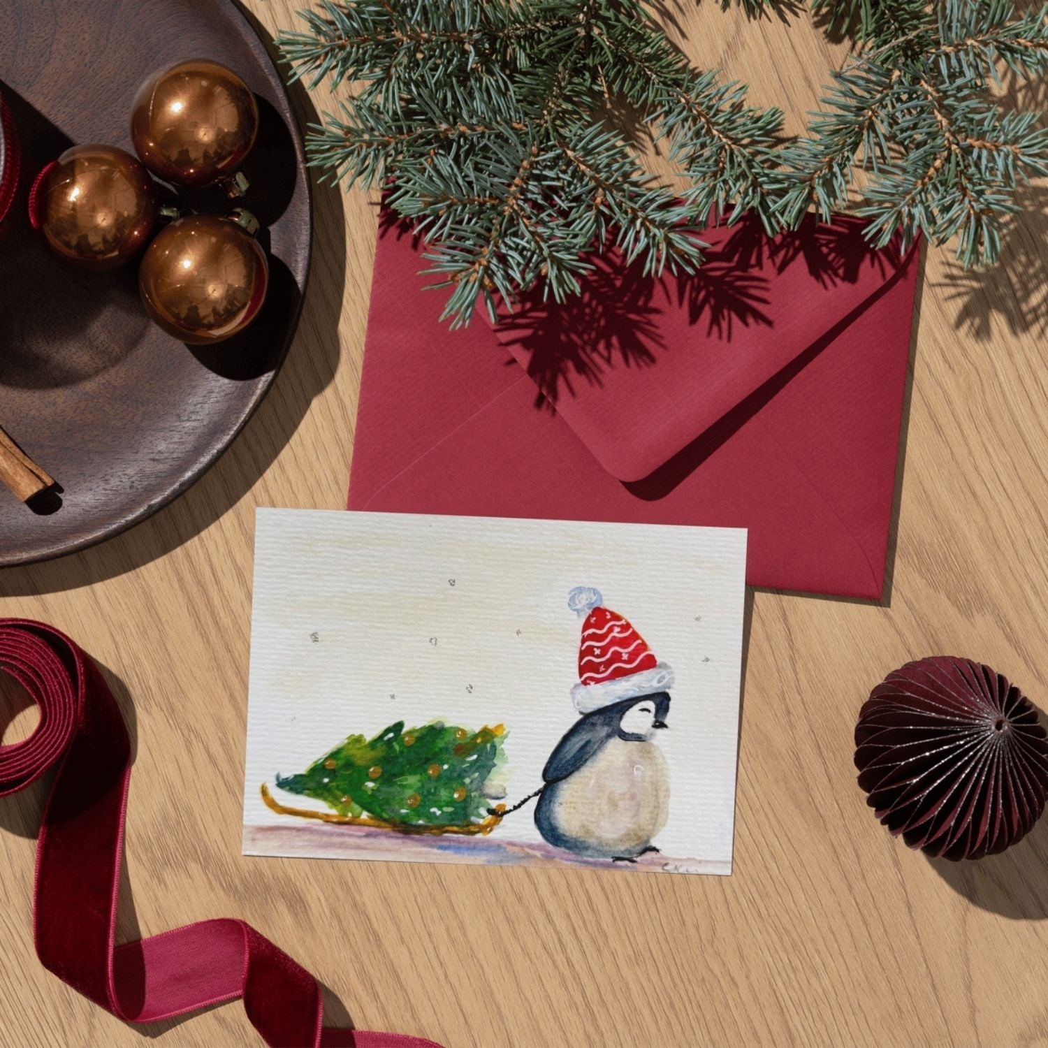 Penguin Christmas Card - Watercolor Holiday Greeting Card with Envelope - Yuiart