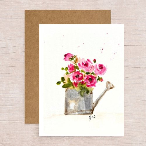 Prickly Wild Rose Flowers in Shower Watering Plants Note Card - Yuiart