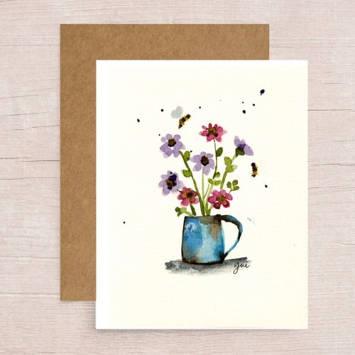 Purple and Pink Wildflowers in Shower Watering Plants Note Card - Yuiart
