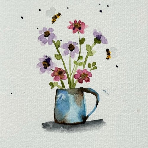 Purple and Pink Wildflowers in Shower Watering Plants Note Card - Yuiart