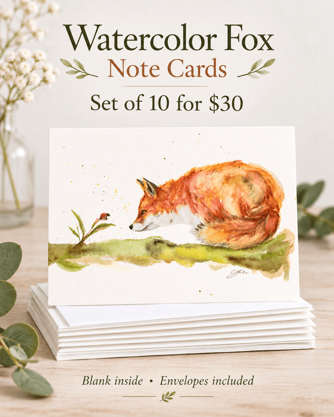Red Fox Holiday Greeting Card | Hand-Painted Watercolor | Made in USA - Yuiart