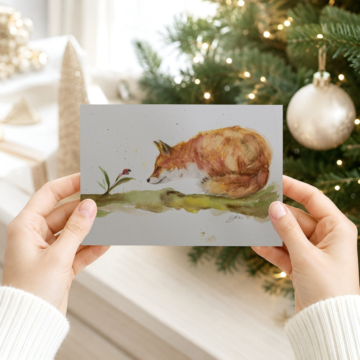 Red Fox Holiday Greeting Card | Hand-Painted Watercolor | Made in USA - Yuiart