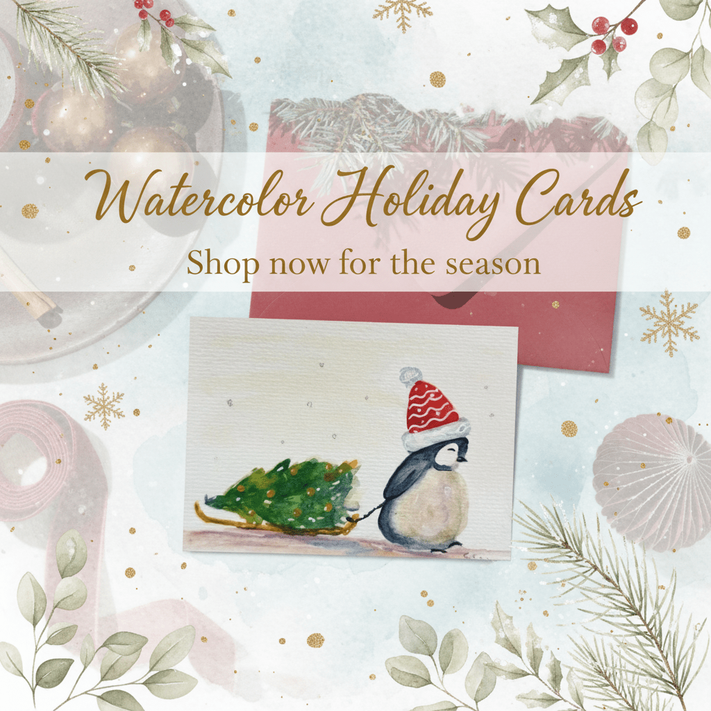 Watercolor Penguin Christmas Card - Holiday Greeting - Yuiart