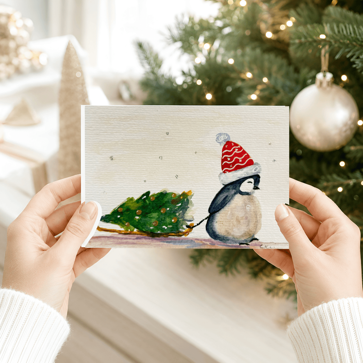 Watercolor Penguin Christmas Card - Holiday Greeting - Yuiart