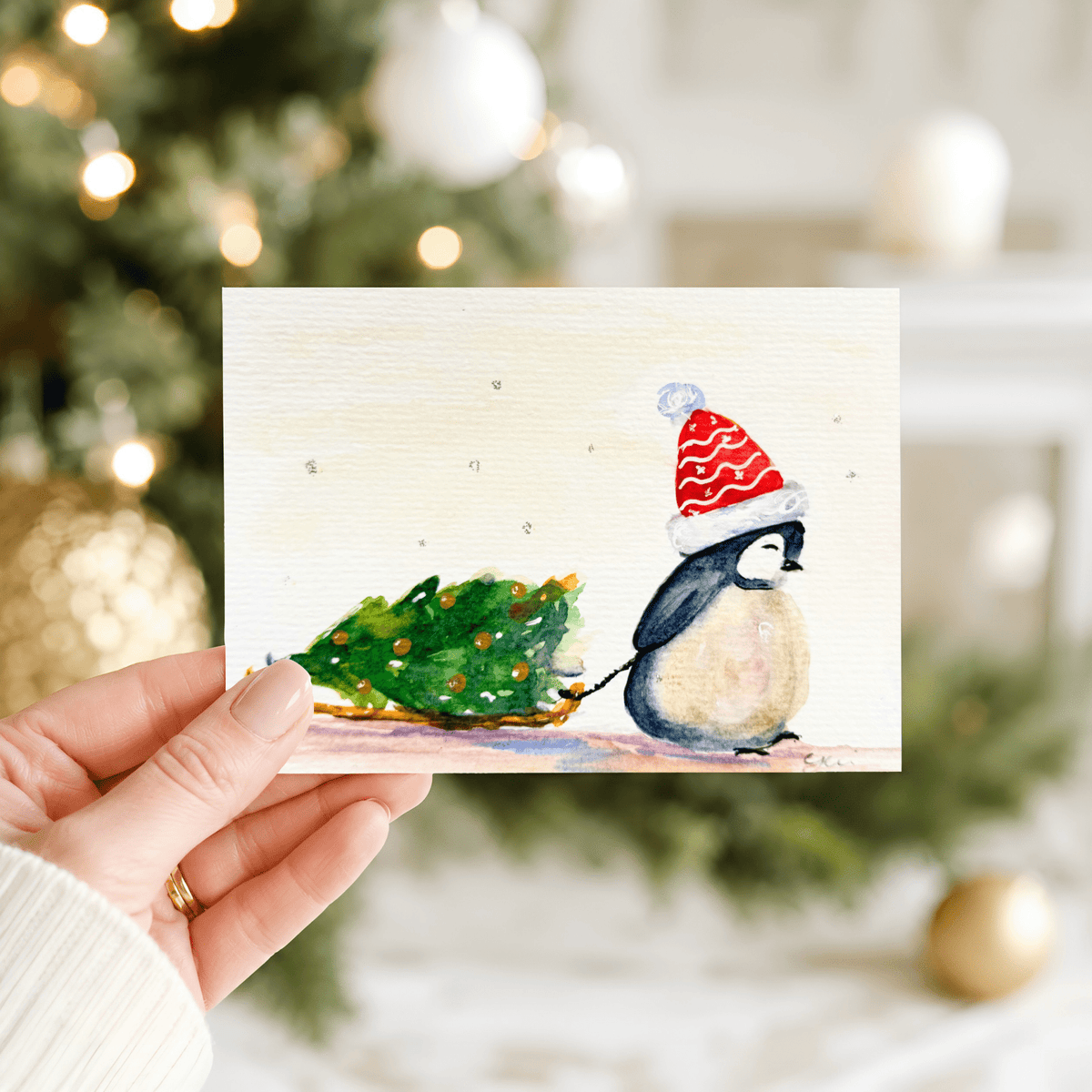 Watercolor Penguin Christmas Card - Holiday Greeting - Yuiart