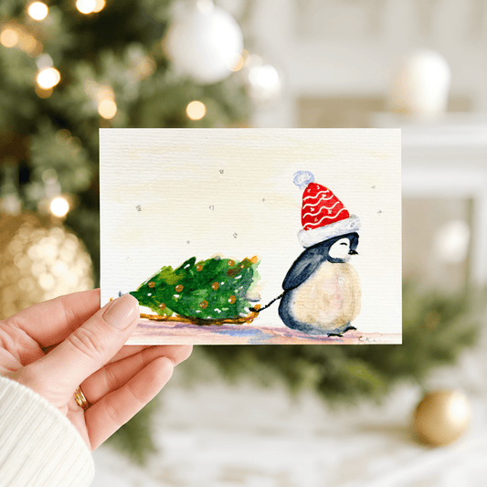 Watercolor Penguin Christmas Card - Holiday Greeting - Yuiart