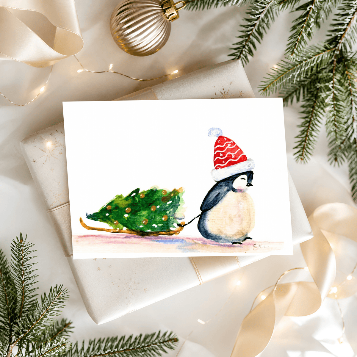 Watercolor Penguin Christmas Card - Holiday Greeting - Yuiart