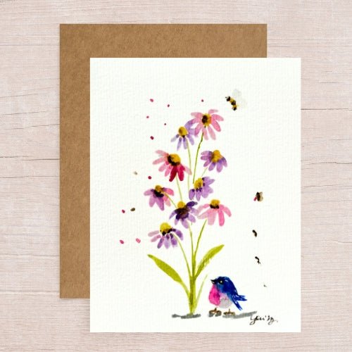 Wildflowers & Blue Birds in Shower Watering Plants Note Card - Yuiart