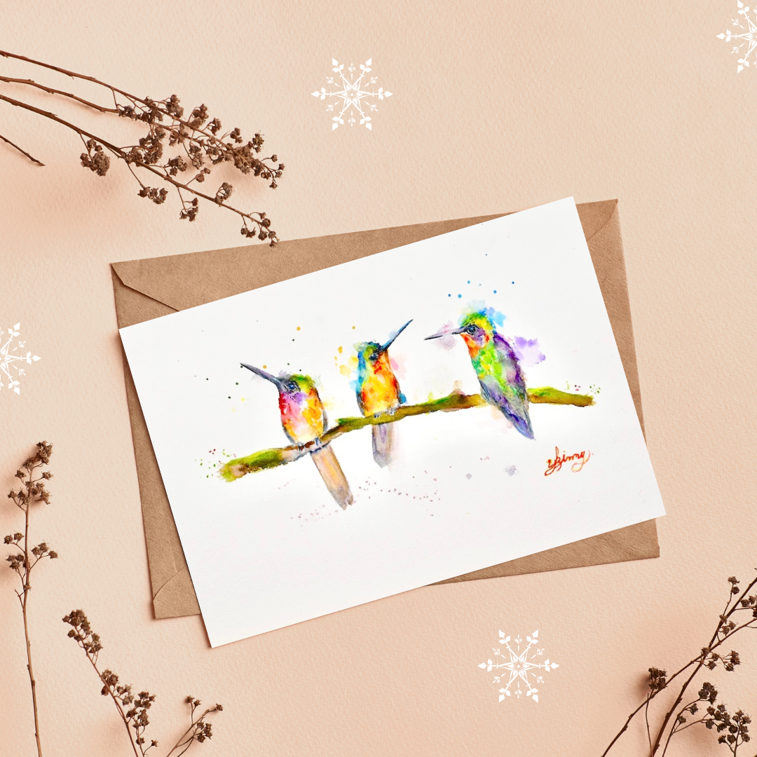 Humming Bird greeting card with watercolor - Essence of the art by Yui & Bow