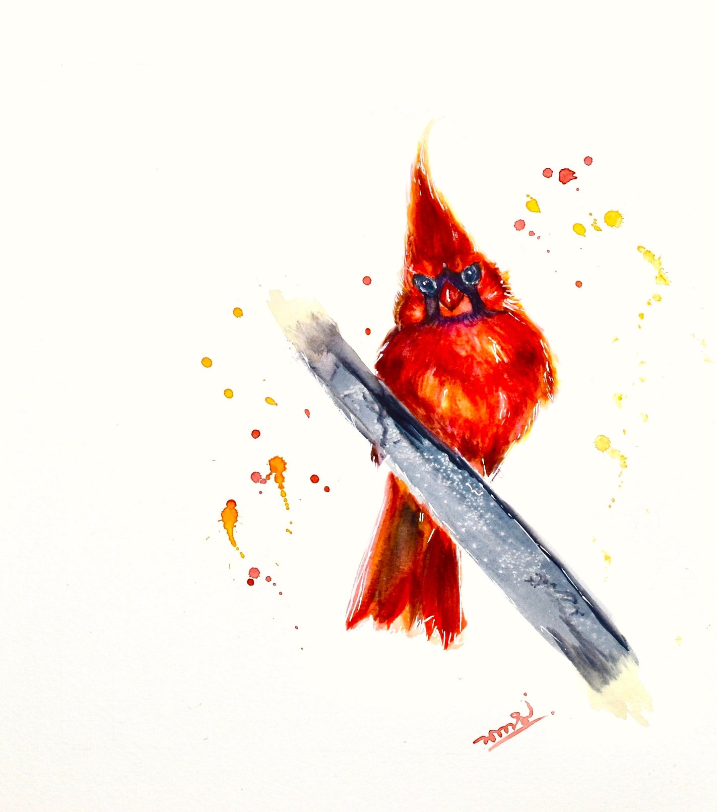"Hello Cardinal" Abtract watercolor bird prints - Essence of the art by Yui & Bow