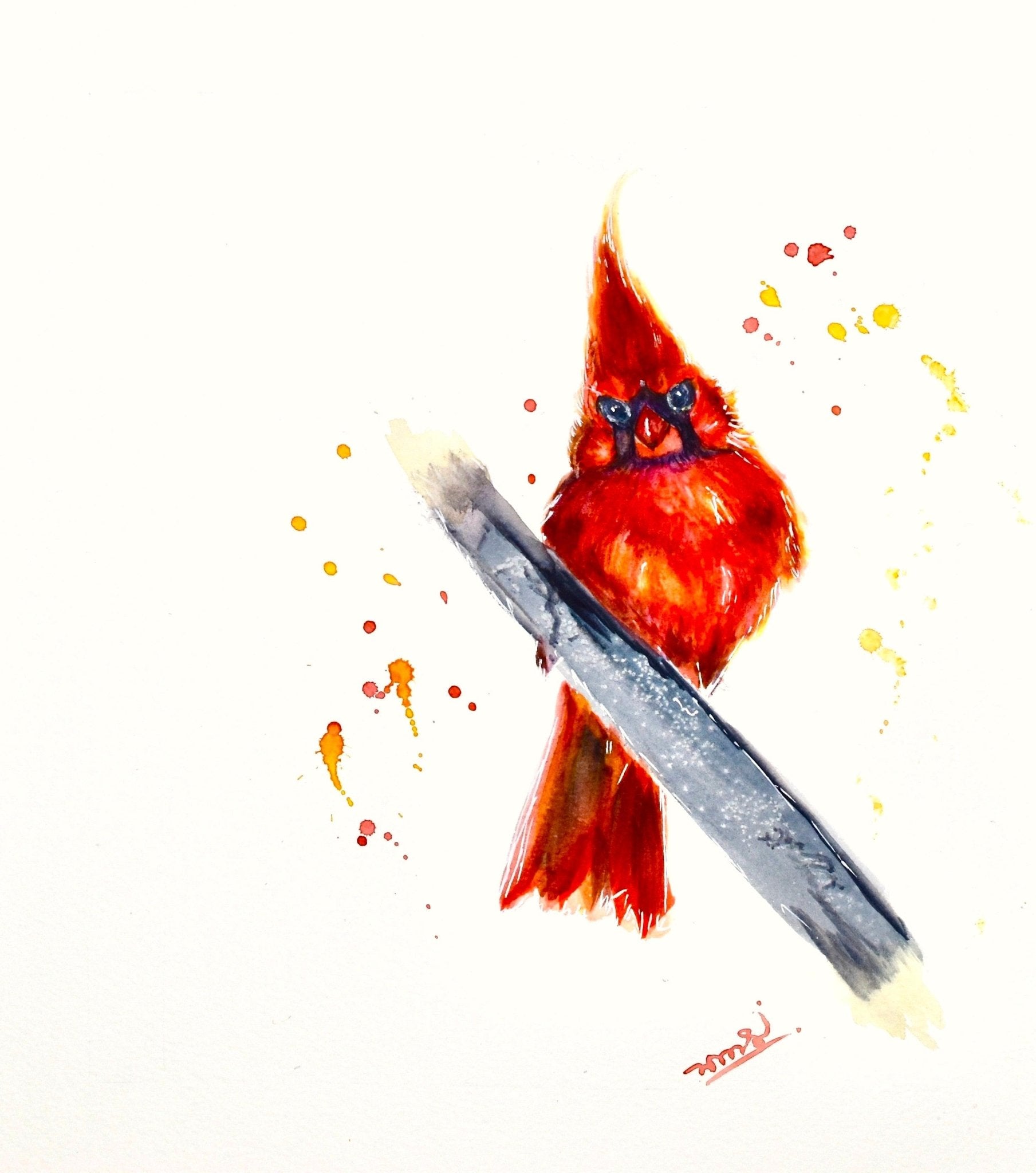 "Hello Cardinal" Abtract watercolor bird prints - Yuiart